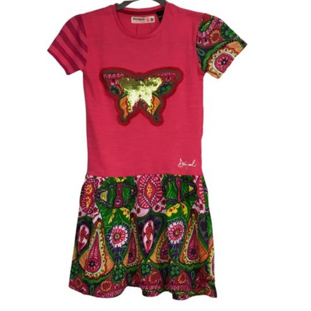 New Desigual Girl's Dress Bright Butterfly Sequins Multicolor Sz 9/10 Years